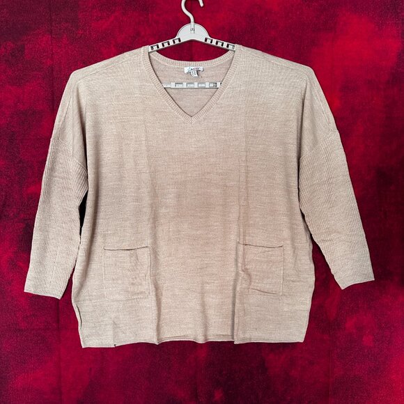 DENIM & CO WOMEN'S SWEATER, BEIGE, 2 POCKETS, V-NECK PULLOVER, OVERSIZE 2X - Picture 1 of 9
